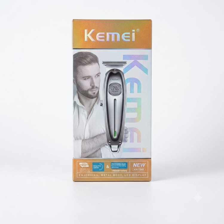 تصویر بستهبندی (پک) ماشین اصلاح و خطزن حرفهای کیمی مدل KM-1849 سری جدید با نشان نمایشگر LED و بدنه متالیک در لومینو قشم