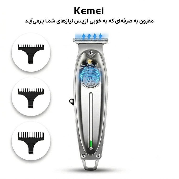 نمای شماتیک از قدرت موتور داخلی و تیغههای تیز ماشین اصلاح کیمی KM-1949 به همراه شانههای اصلاح در لومینو قشم