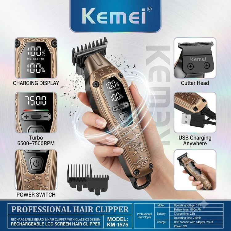 ماشین اصلاح موی سر و صورت شارژی کیمی مدل KM-1575 رنگ طلایی مات با نمایشگر LED و تیغه کربن استیل در لومینو قشم