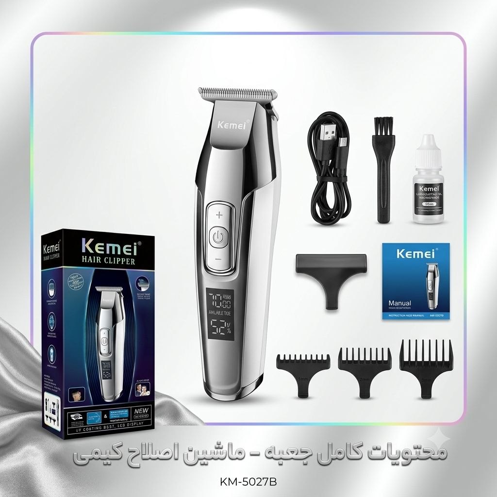 محتویات کامل جعبه ماشین اصلاح کیمی KM-5027 شامل دستگاه، شانهها، کابل USB، روغن، برس تمیزکننده و دفترچه راهنما در لومینو قشم
