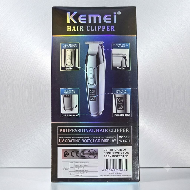 پشت جعبه ماشین اصلاح موی صورت کیمی KM-5027 شامل مشخصات فنی، بارکد و اطلاعات محصول در لومینو قشم