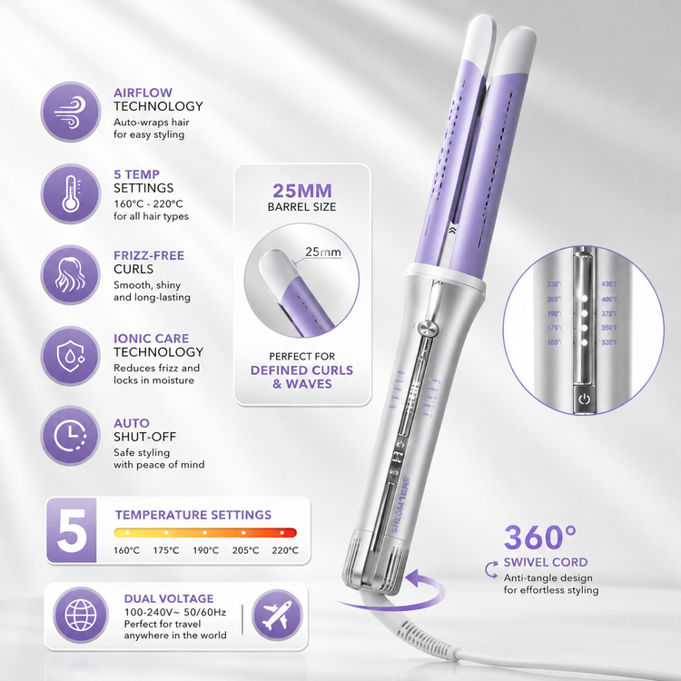 تصویر معرفی ویژگیهای فرکننده مو شیگلم مدل One Touch Airflow Styler Pro بنفش سایز 25 با فناوری Airflow، 5 سطح تنظیم دما، چرخش 360 درجه کابل و ولتاژ جهانی در لومینو قشم