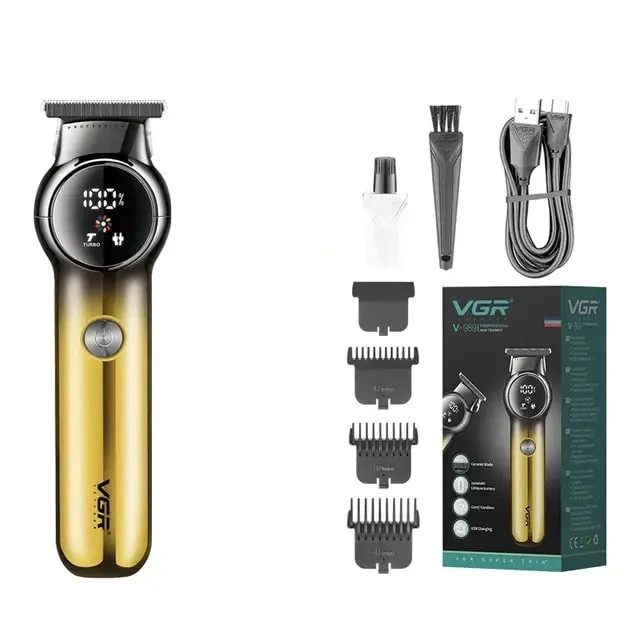 نمای روبهروی ماشین اصلاح وی جی آر V-989 در دو رنگ طلایی و مشکی با نمایشگر LED در لومینو قشم