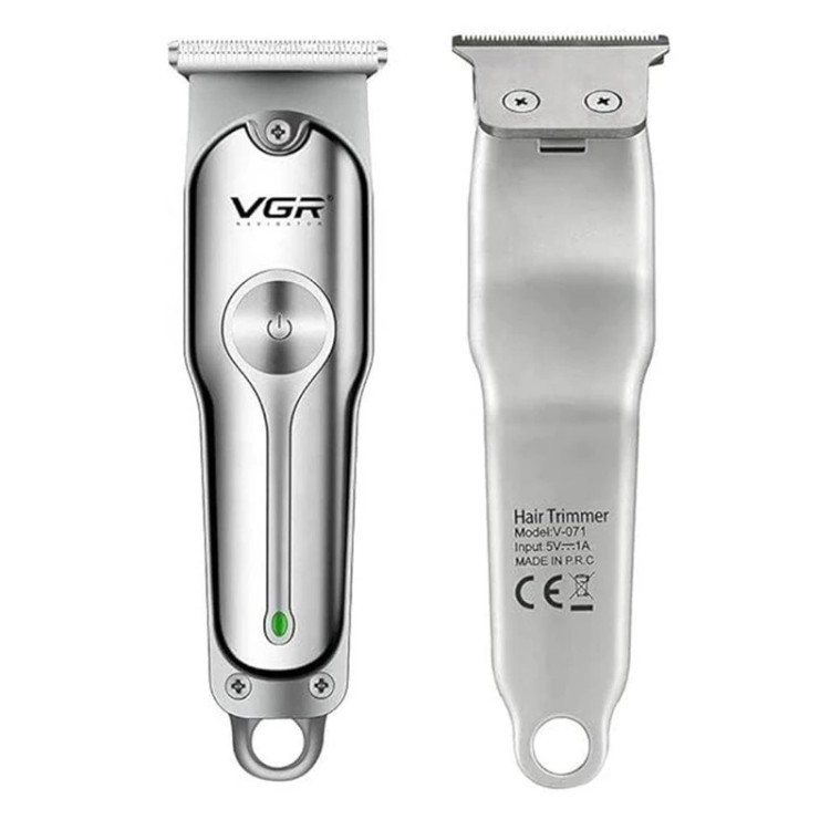 نمای جلو و پشت ماشین اصلاح موی سر و صورت وی جی آر مدل VGR V-071 Professional با تیغه استیل ضد زنگ و باتری شارژی، رنگ نقرهای در لومینو قشم